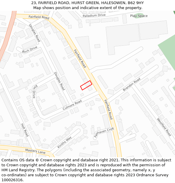 23, FAIRFIELD ROAD, HURST GREEN, HALESOWEN, B62 9HY: Location map and indicative extent of plot