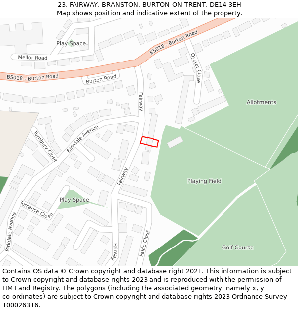 23, FAIRWAY, BRANSTON, BURTON-ON-TRENT, DE14 3EH: Location map and indicative extent of plot