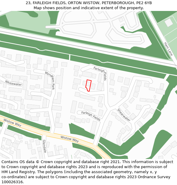 23, FARLEIGH FIELDS, ORTON WISTOW, PETERBOROUGH, PE2 6YB: Location map and indicative extent of plot