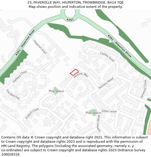 23, FAVEROLLE WAY, HILPERTON, TROWBRIDGE, BA14 7QE: Location map and indicative extent of plot