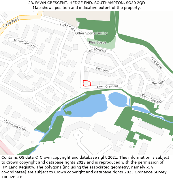 23, FAWN CRESCENT, HEDGE END, SOUTHAMPTON, SO30 2QD: Location map and indicative extent of plot