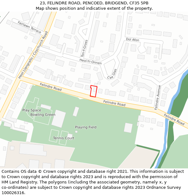 23, FELINDRE ROAD, PENCOED, BRIDGEND, CF35 5PB: Location map and indicative extent of plot