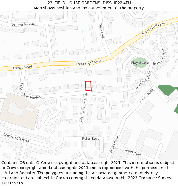 23, FIELD HOUSE GARDENS, DISS, IP22 4PH: Location map and indicative extent of plot