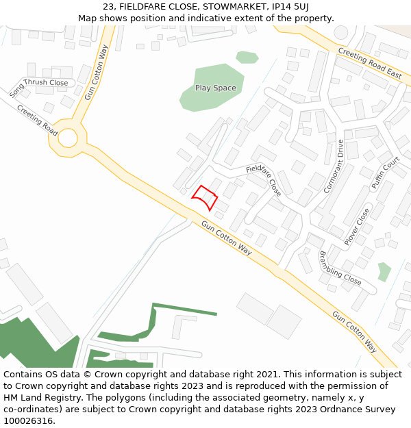 23, FIELDFARE CLOSE, STOWMARKET, IP14 5UJ: Location map and indicative extent of plot