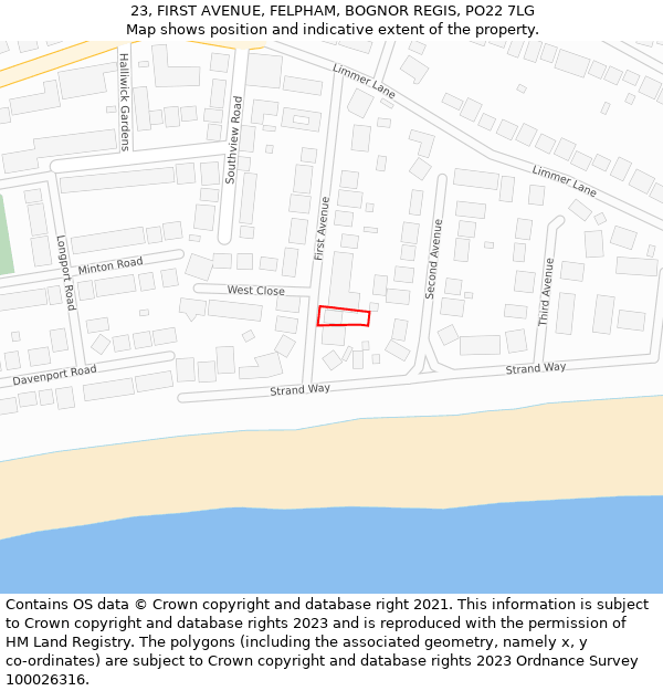 23, FIRST AVENUE, FELPHAM, BOGNOR REGIS, PO22 7LG: Location map and indicative extent of plot