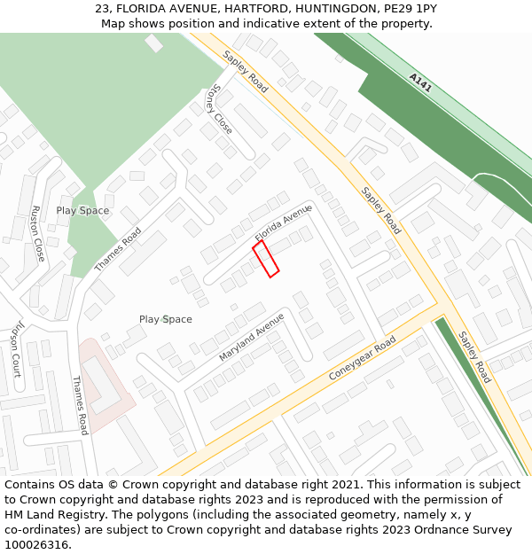 23, FLORIDA AVENUE, HARTFORD, HUNTINGDON, PE29 1PY: Location map and indicative extent of plot