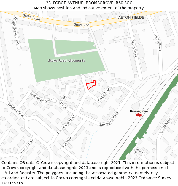 23, FORGE AVENUE, BROMSGROVE, B60 3GG: Location map and indicative extent of plot