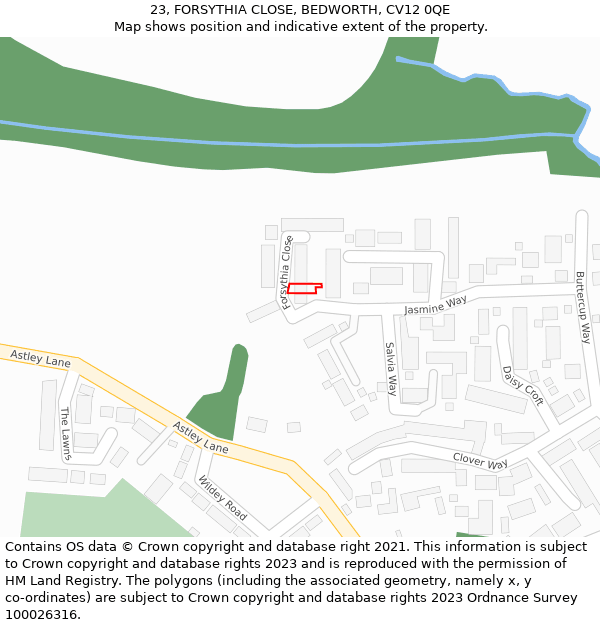 23, FORSYTHIA CLOSE, BEDWORTH, CV12 0QE: Location map and indicative extent of plot