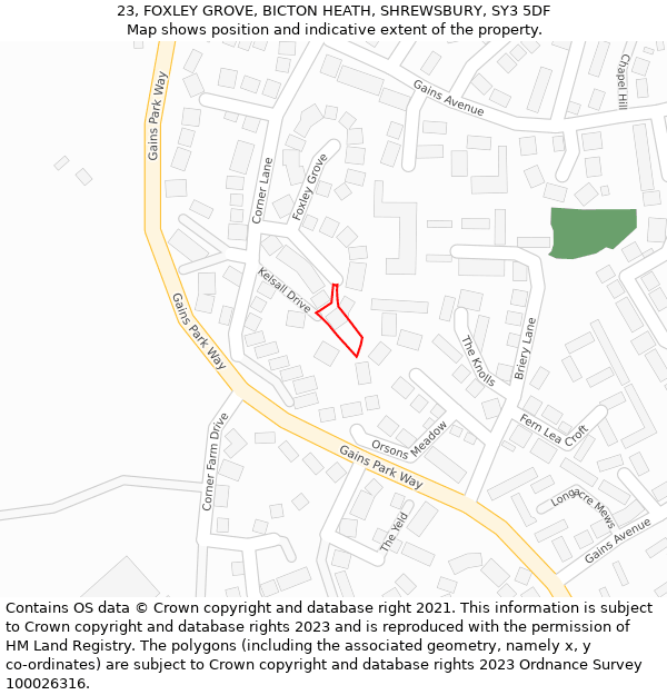 23, FOXLEY GROVE, BICTON HEATH, SHREWSBURY, SY3 5DF: Location map and indicative extent of plot