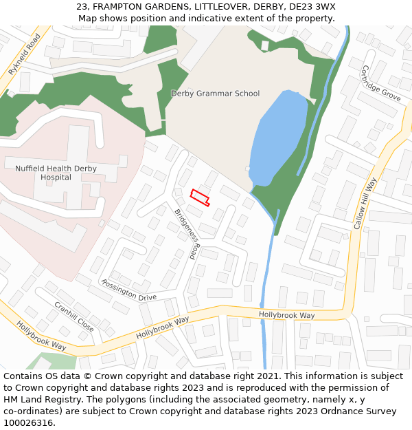 23, FRAMPTON GARDENS, LITTLEOVER, DERBY, DE23 3WX: Location map and indicative extent of plot