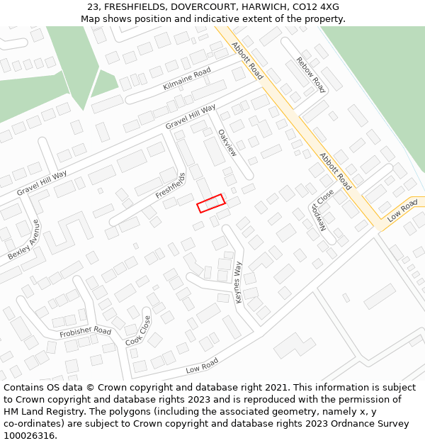 23, FRESHFIELDS, DOVERCOURT, HARWICH, CO12 4XG: Location map and indicative extent of plot