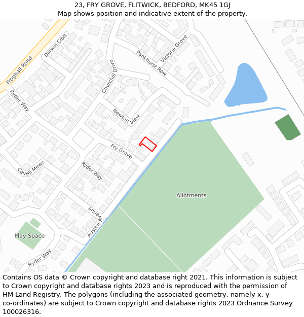 23, FRY GROVE, FLITWICK, BEDFORD, MK45 1GJ: Location map and indicative extent of plot