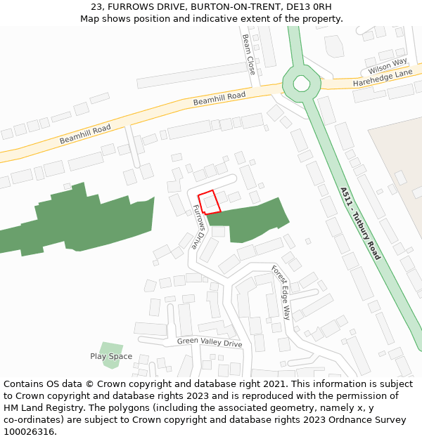 23, FURROWS DRIVE, BURTON-ON-TRENT, DE13 0RH: Location map and indicative extent of plot