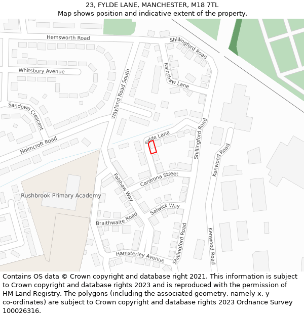 23, FYLDE LANE, MANCHESTER, M18 7TL: Location map and indicative extent of plot