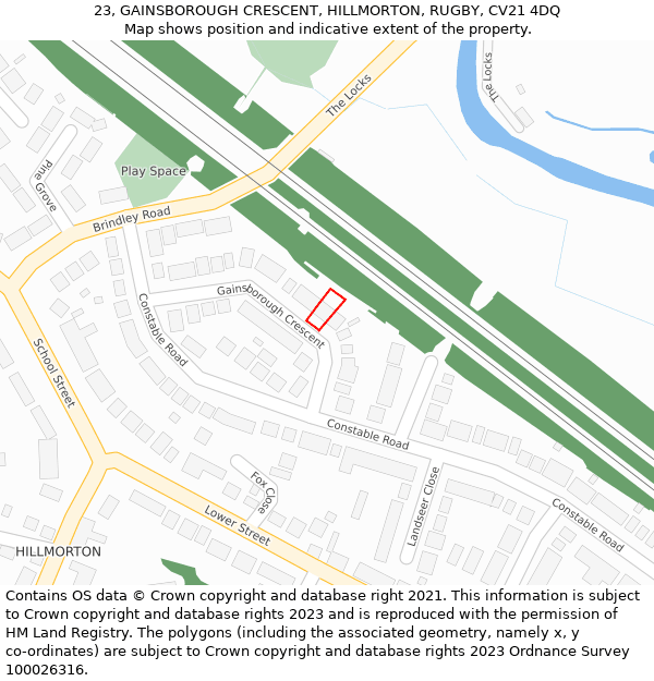 23, GAINSBOROUGH CRESCENT, HILLMORTON, RUGBY, CV21 4DQ: Location map and indicative extent of plot