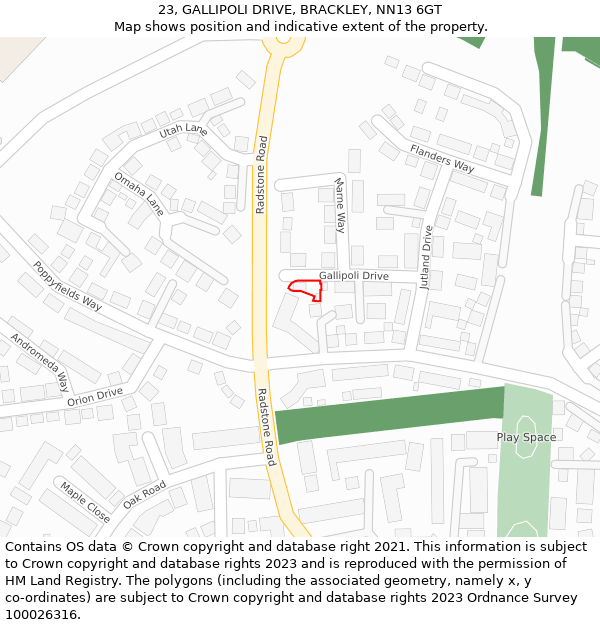 23, GALLIPOLI DRIVE, BRACKLEY, NN13 6GT: Location map and indicative extent of plot