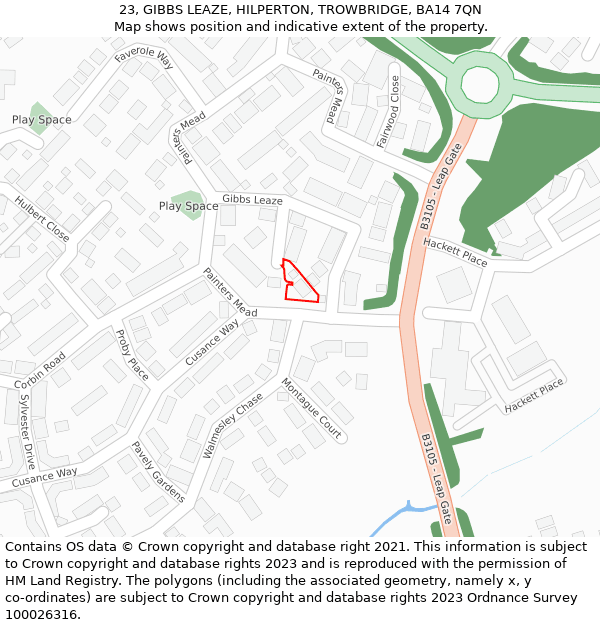 23, GIBBS LEAZE, HILPERTON, TROWBRIDGE, BA14 7QN: Location map and indicative extent of plot