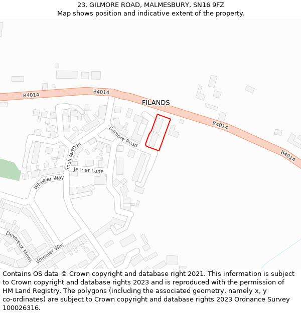 23, GILMORE ROAD, MALMESBURY, SN16 9FZ: Location map and indicative extent of plot