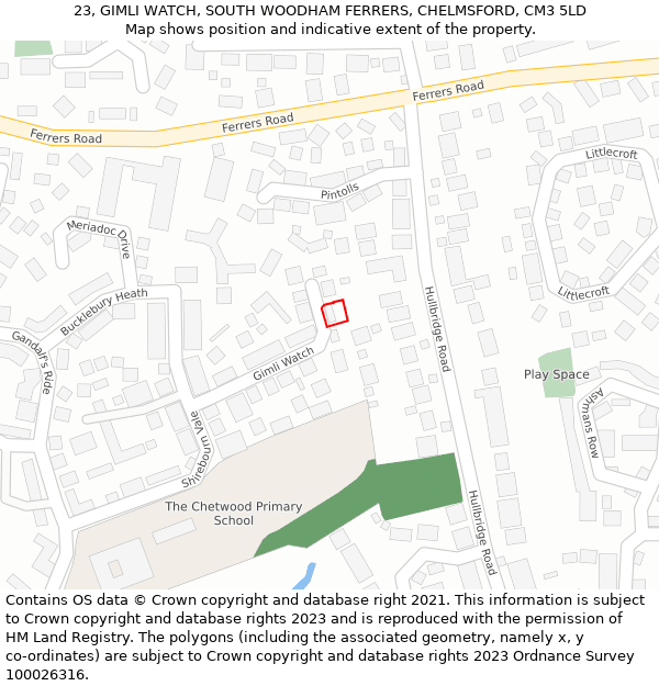 23, GIMLI WATCH, SOUTH WOODHAM FERRERS, CHELMSFORD, CM3 5LD: Location map and indicative extent of plot