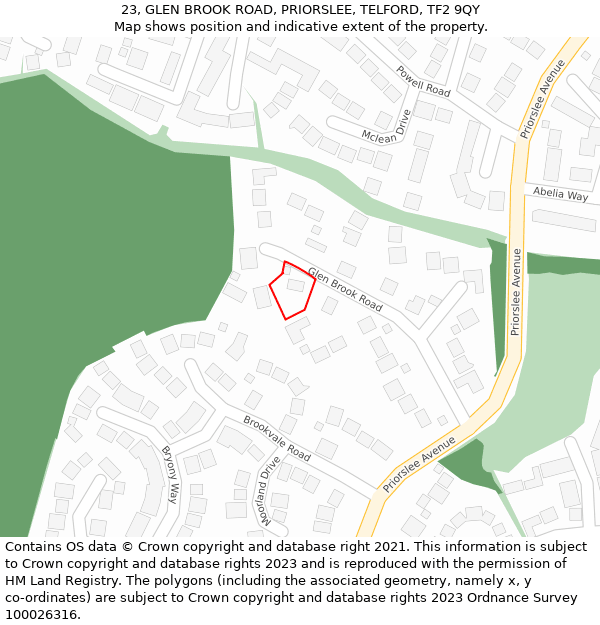 23, GLEN BROOK ROAD, PRIORSLEE, TELFORD, TF2 9QY: Location map and indicative extent of plot