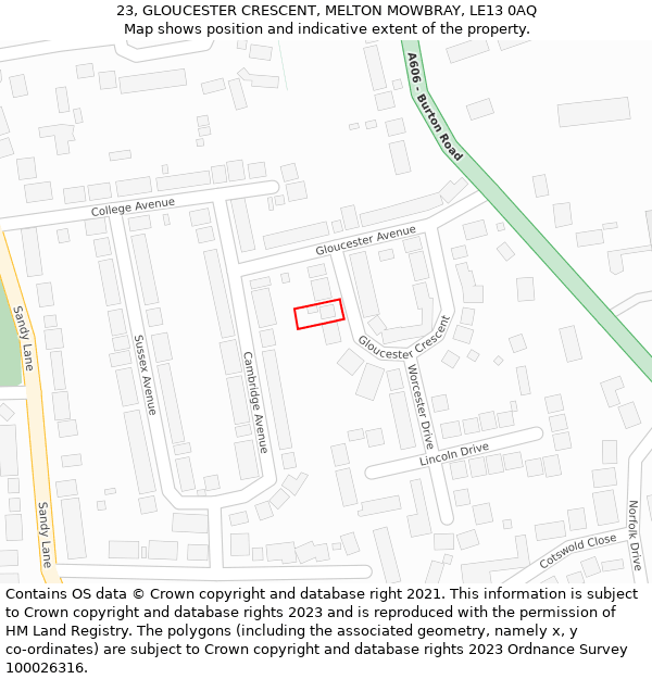 23, GLOUCESTER CRESCENT, MELTON MOWBRAY, LE13 0AQ: Location map and indicative extent of plot