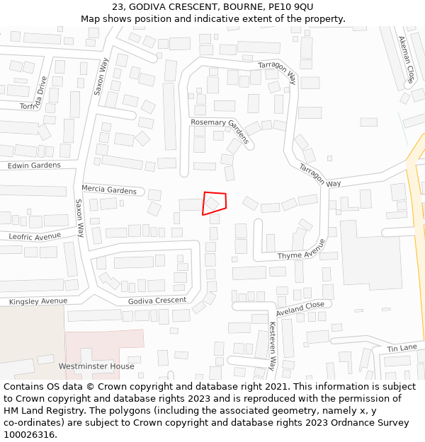 23, GODIVA CRESCENT, BOURNE, PE10 9QU: Location map and indicative extent of plot