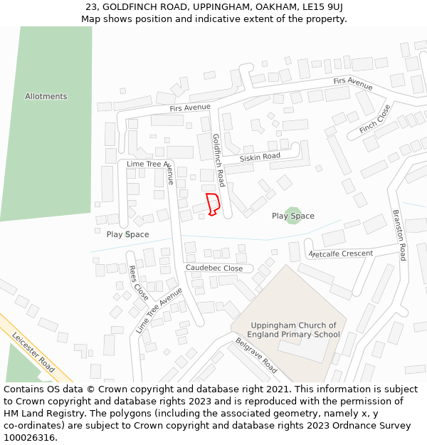 23, GOLDFINCH ROAD, UPPINGHAM, OAKHAM, LE15 9UJ: Location map and indicative extent of plot