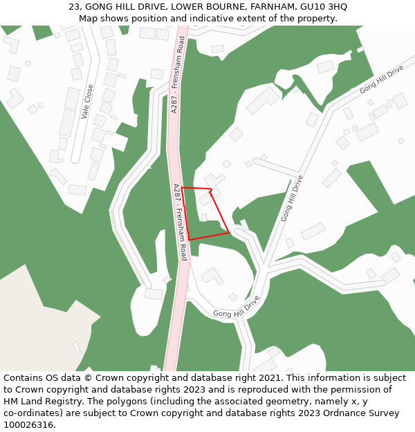 23, GONG HILL DRIVE, LOWER BOURNE, FARNHAM, GU10 3HQ: Location map and indicative extent of plot