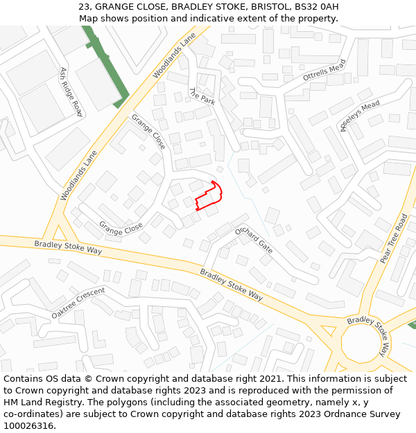 23, GRANGE CLOSE, BRADLEY STOKE, BRISTOL, BS32 0AH: Location map and indicative extent of plot