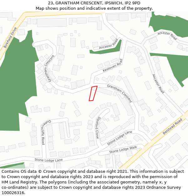 23, GRANTHAM CRESCENT, IPSWICH, IP2 9PD: Location map and indicative extent of plot