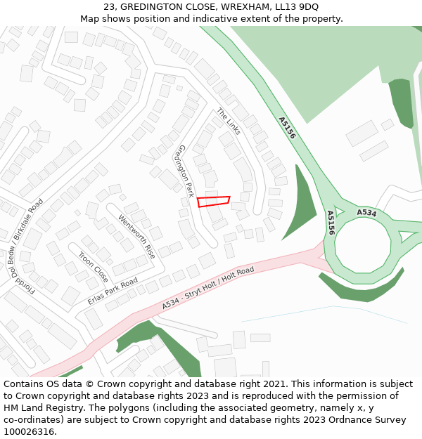 23, GREDINGTON CLOSE, WREXHAM, LL13 9DQ: Location map and indicative extent of plot