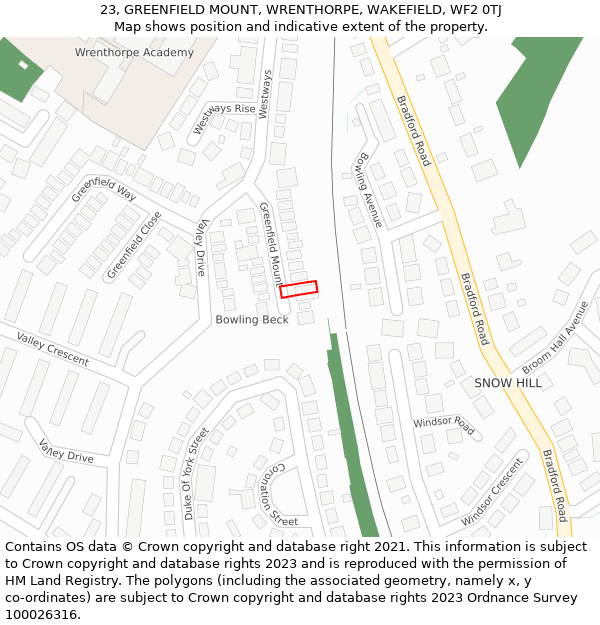 23, GREENFIELD MOUNT, WRENTHORPE, WAKEFIELD, WF2 0TJ: Location map and indicative extent of plot