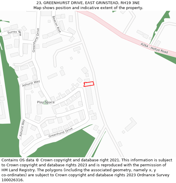 23, GREENHURST DRIVE, EAST GRINSTEAD, RH19 3NE: Location map and indicative extent of plot