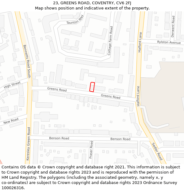 23, GREENS ROAD, COVENTRY, CV6 2FJ: Location map and indicative extent of plot
