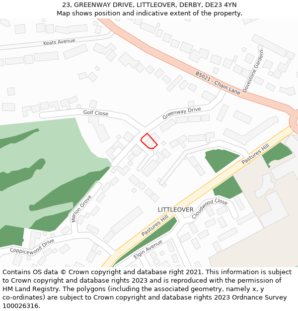 23, GREENWAY DRIVE, LITTLEOVER, DERBY, DE23 4YN: Location map and indicative extent of plot