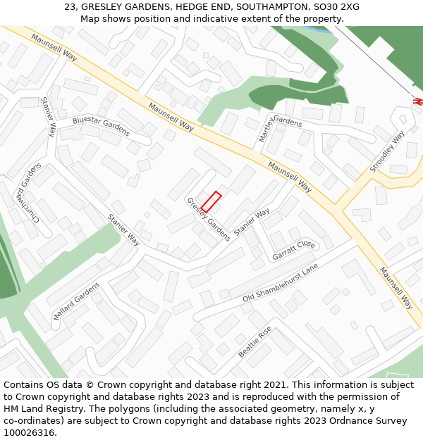 23, GRESLEY GARDENS, HEDGE END, SOUTHAMPTON, SO30 2XG: Location map and indicative extent of plot