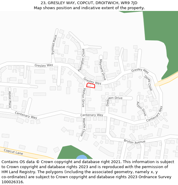 23, GRESLEY WAY, COPCUT, DROITWICH, WR9 7JD: Location map and indicative extent of plot