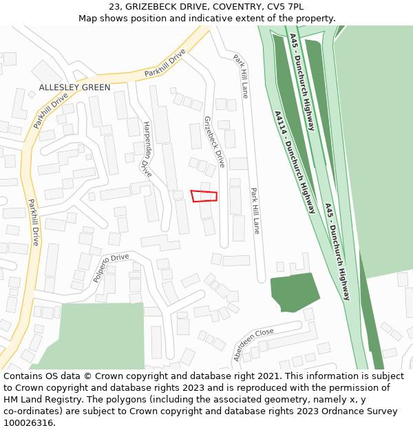 23, GRIZEBECK DRIVE, COVENTRY, CV5 7PL: Location map and indicative extent of plot