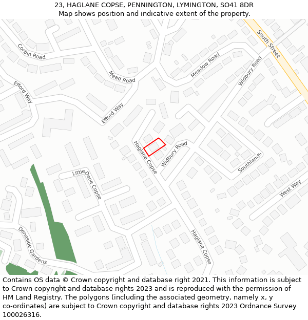 23, HAGLANE COPSE, PENNINGTON, LYMINGTON, SO41 8DR: Location map and indicative extent of plot