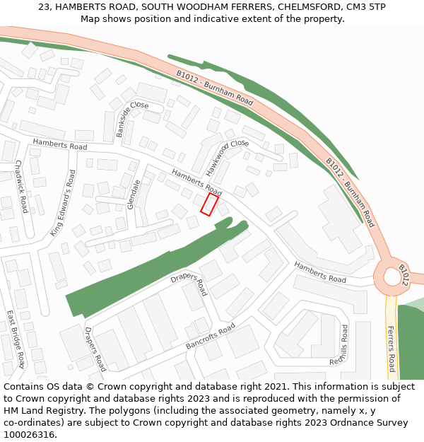23, HAMBERTS ROAD, SOUTH WOODHAM FERRERS, CHELMSFORD, CM3 5TP: Location map and indicative extent of plot