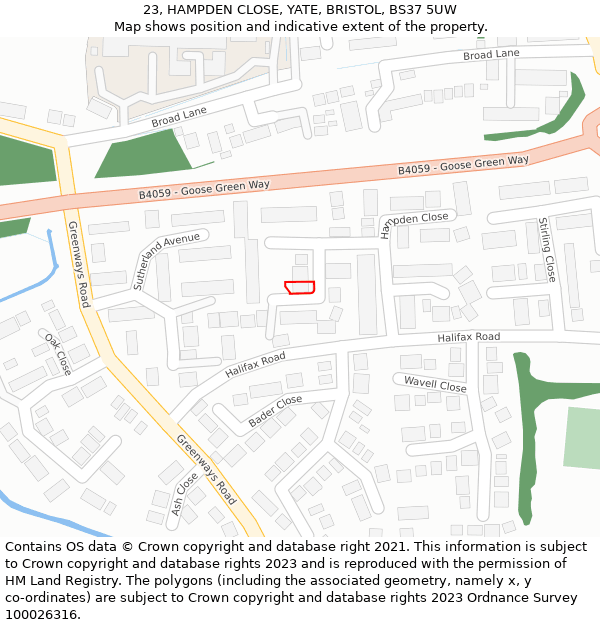 23, HAMPDEN CLOSE, YATE, BRISTOL, BS37 5UW: Location map and indicative extent of plot