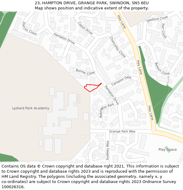 23, HAMPTON DRIVE, GRANGE PARK, SWINDON, SN5 6EU: Location map and indicative extent of plot