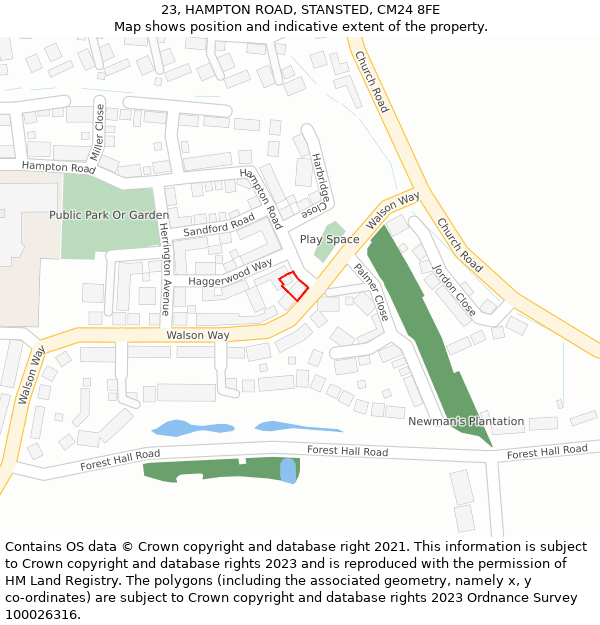 23, HAMPTON ROAD, STANSTED, CM24 8FE: Location map and indicative extent of plot