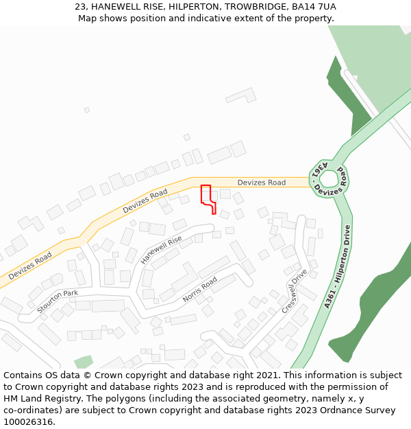 23, HANEWELL RISE, HILPERTON, TROWBRIDGE, BA14 7UA: Location map and indicative extent of plot