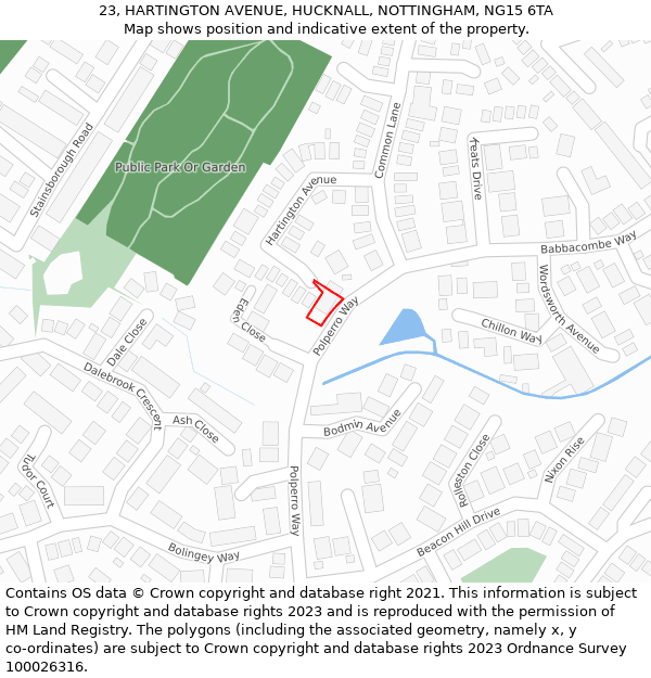 23, HARTINGTON AVENUE, HUCKNALL, NOTTINGHAM, NG15 6TA: Location map and indicative extent of plot