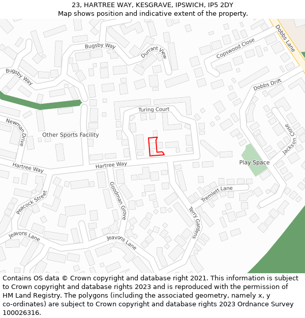23, HARTREE WAY, KESGRAVE, IPSWICH, IP5 2DY: Location map and indicative extent of plot