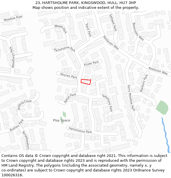 23, HARTSHOLME PARK, KINGSWOOD, HULL, HU7 3HP: Location map and indicative extent of plot