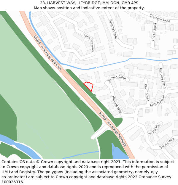 23, HARVEST WAY, HEYBRIDGE, MALDON, CM9 4PS: Location map and indicative extent of plot