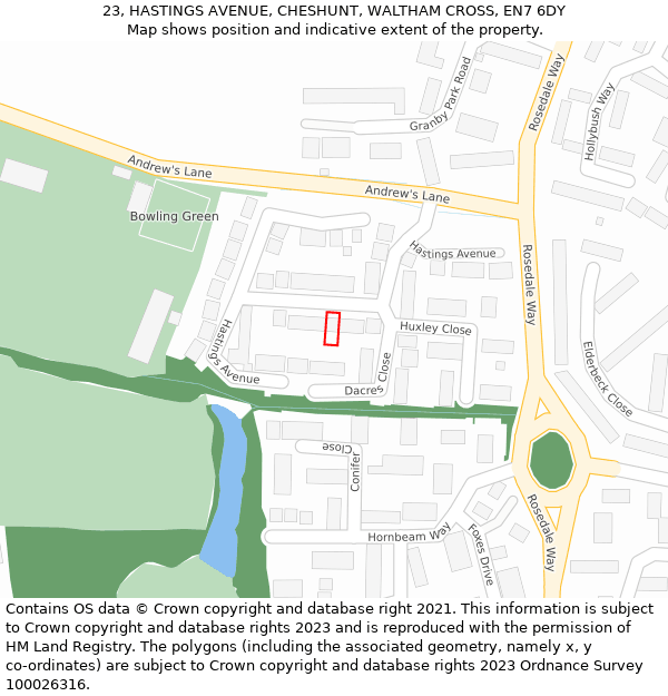 23, HASTINGS AVENUE, CHESHUNT, WALTHAM CROSS, EN7 6DY: Location map and indicative extent of plot