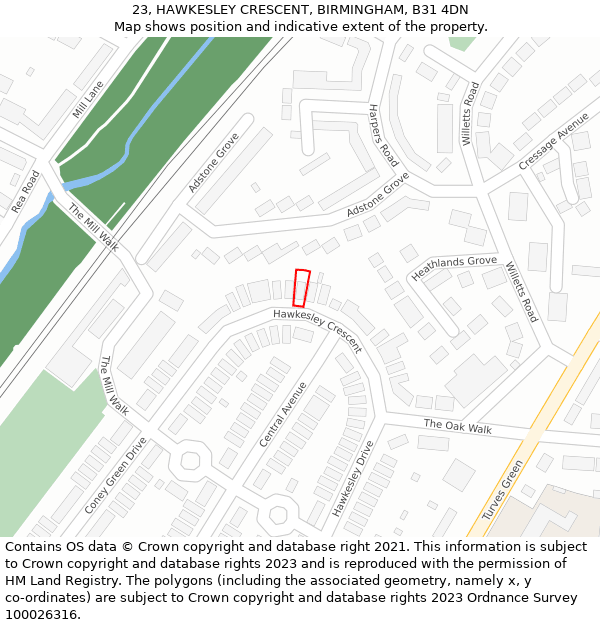 23, HAWKESLEY CRESCENT, BIRMINGHAM, B31 4DN: Location map and indicative extent of plot